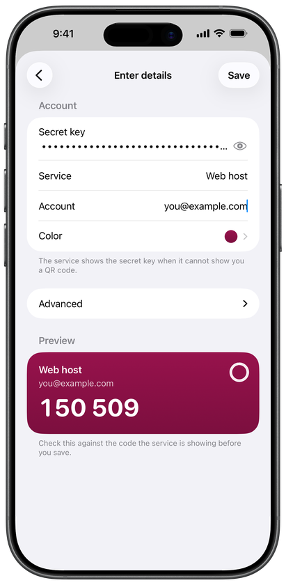 Adding an account on iPhone, with the camera ready to scan a QR code