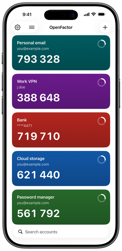 The account list on iPhone, five accounts each showing a six digit code and a
                  countdown ring